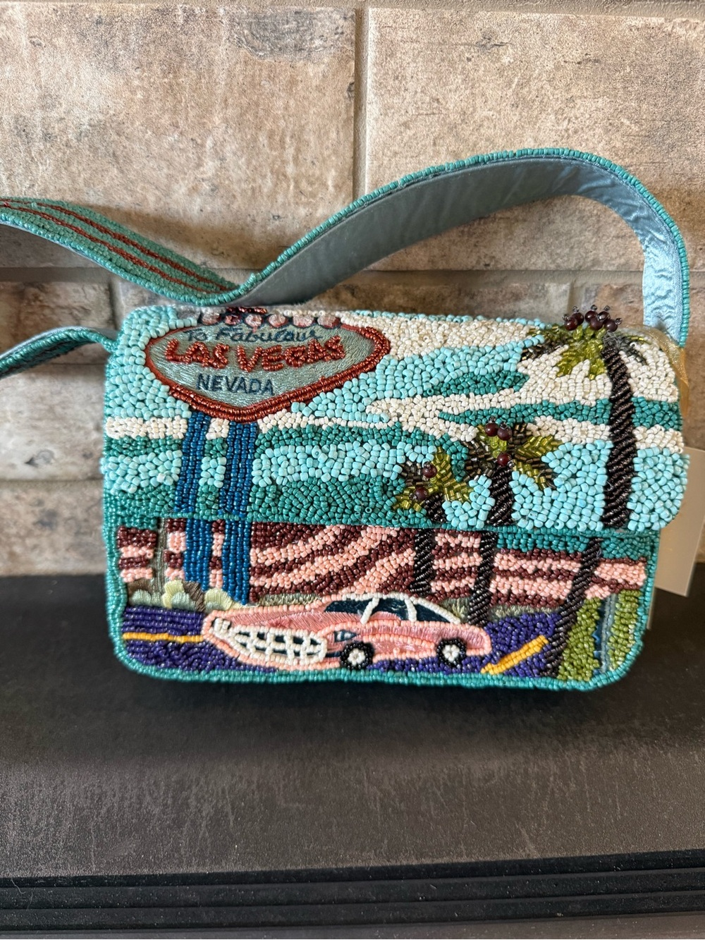 Beaded Las Vegas Motif Crossbody Bag in Turquoise and Pink